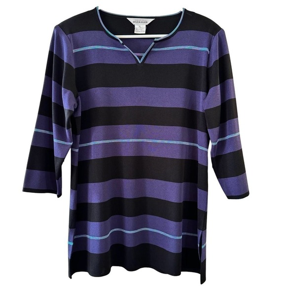 MISOOK Black Purple Blue Wide Stripe 3/4 Sleeve Acrylic Knit Top Large - Picture 1 of 4